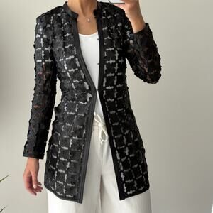 Lamb‎ Leather Cut Out Duster Jacket Womens XS Black Mesh Floral Whimsigoth Art
